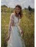 Beaded Long Sleeves Ivory Lace Tulle Sparkly Wedding Dress